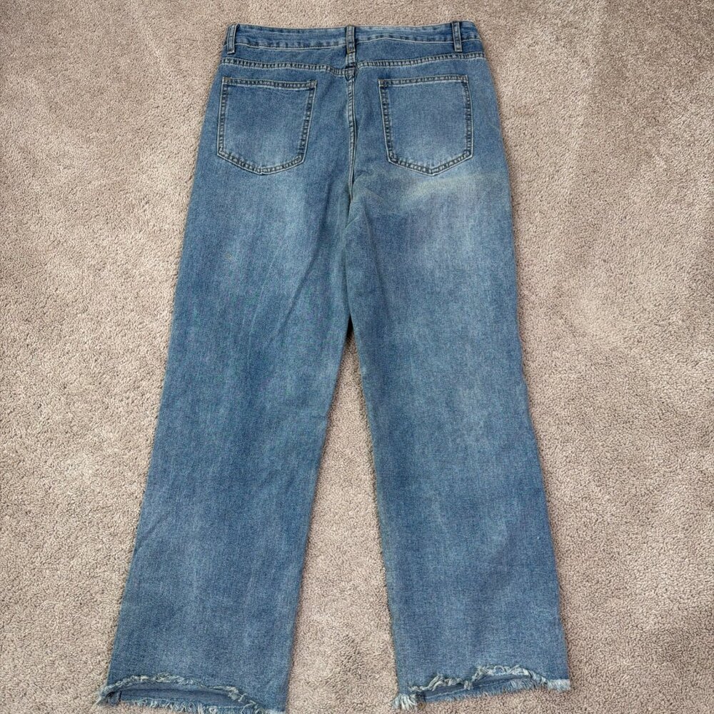 Patchwork Boho Wide Leg Jeans Womens L Blue Patch Distressed Indie Festival - Picture 9 of 10